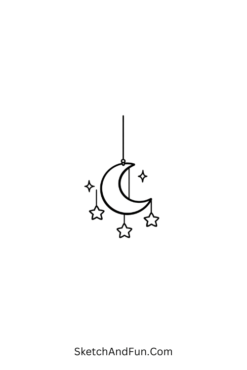 A doodle of a crescent moon hanging with stars, pen doodles ideas