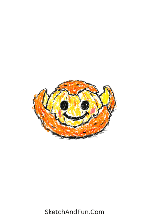 An orange slightly peeled into a smile, fruit doodle art
