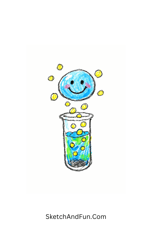 A doodle of a test tube with bubbly liquid and a smiling bubble, chemistry doodle drawings