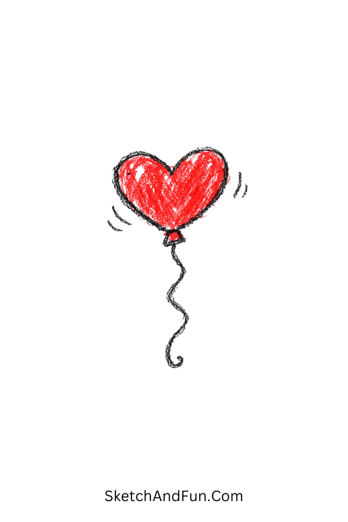 A doodle of a heart-shaped balloon with string waving, crayon doodle coloring pages