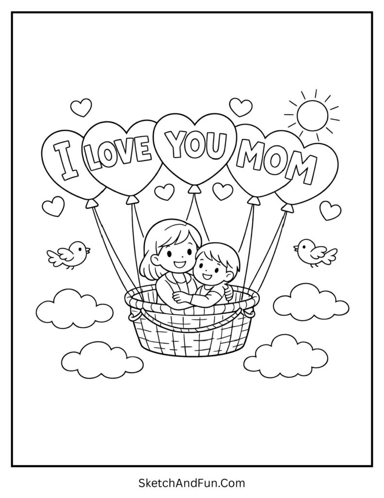 A coloring page of mom and child floating with heart balloons, happy mothers day coloring pages