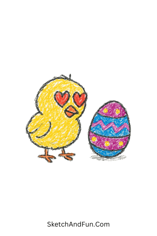 A drawing of a chick with heart-shaped eyes looking at an egg, cute baby chick drawing Easter