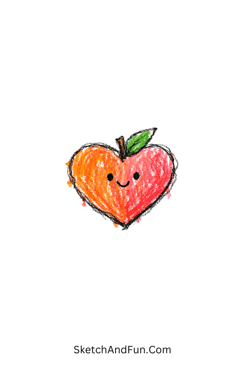 A heart-shaped peach with a tiny smile, fruit doodle patterns