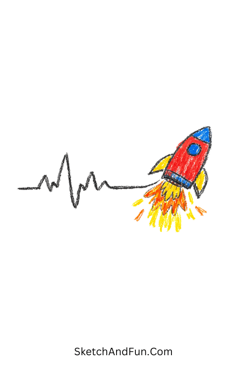 A doodle of a heartbeat line transforming into a flying rocket, easy science doodles