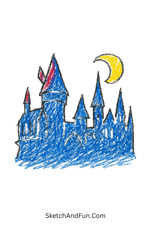 A doodle of tall castle towers under a crescent moon, Harry Potter simple drawings