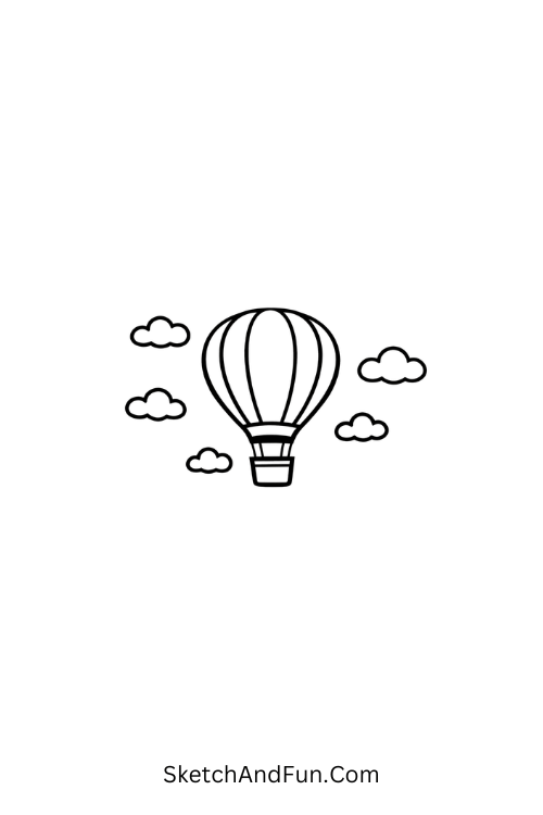 A doodle of a hot air balloon floating among clouds, travel doodle clipart
