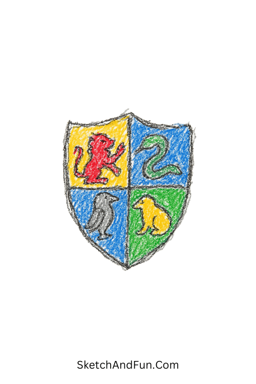 A doodle of a shield split into four sections, Harry Potter symbol drawings