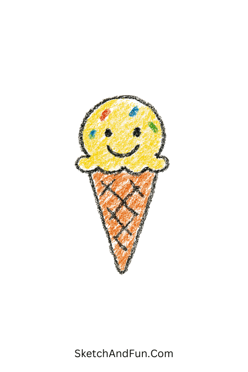 A doodle of a smiling ice cream cone with sprinkles, easy doodle drawings for notebook