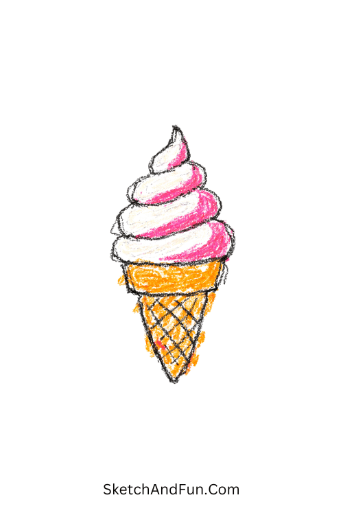 A doodle of a soft swirl ice cream on a textured cone, colored pencil doodle for beginners