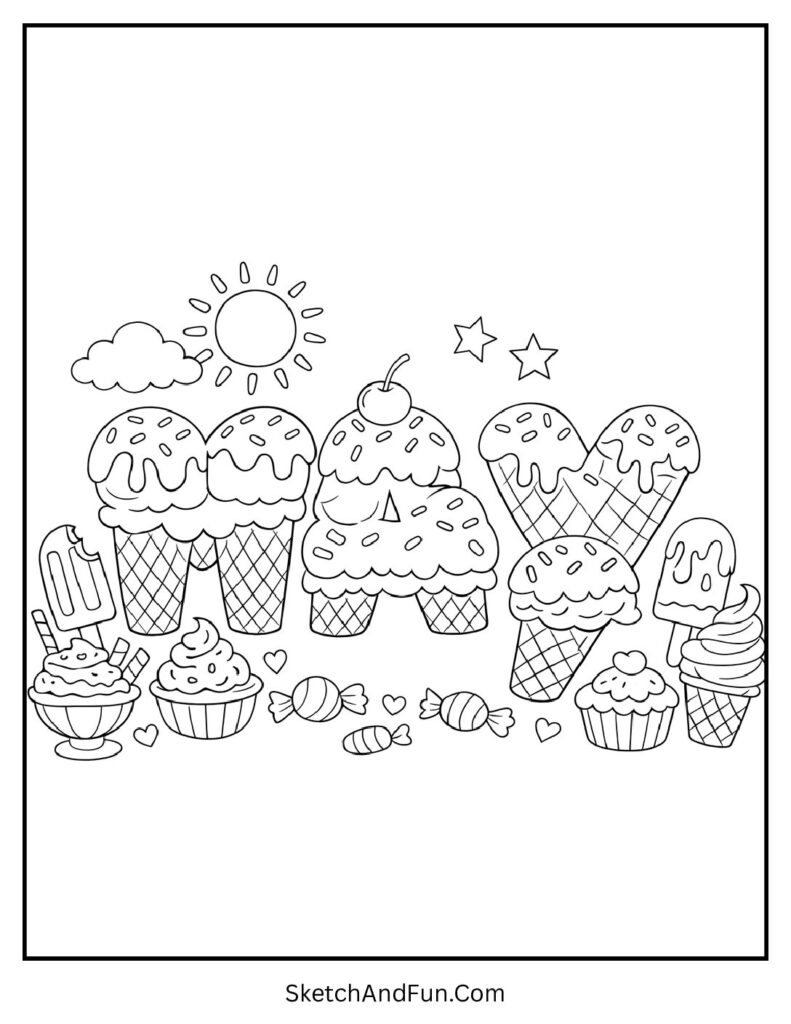 A coloring page of stacked ice cream scoops forming “May”, May themed coloring pages PDF