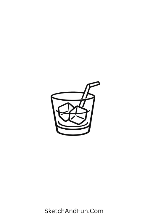 A drawing of a tiny glass with ice cubes and straw, summer drawing easy for beginners