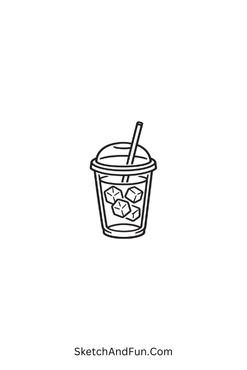 A drawing of a clear iced coffee cup with ice cubes, summer craft drawing ideas