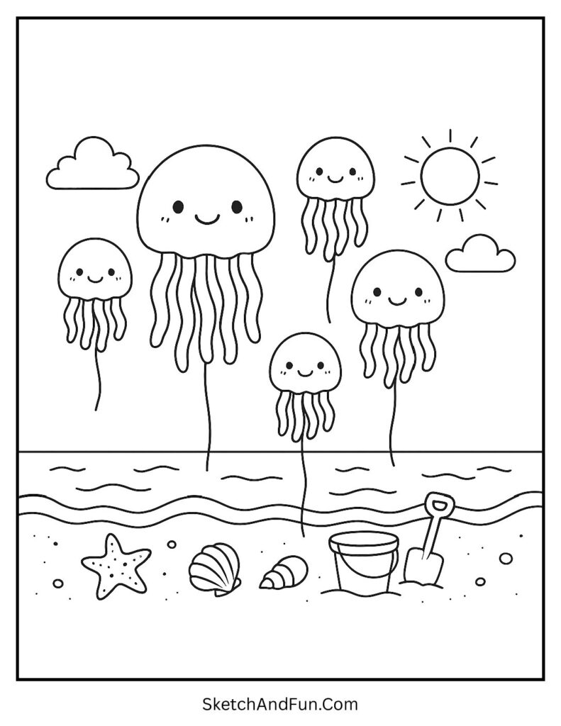 A coloring page of happy jellyfish floating above the sand, printable beach coloring pages for classroom