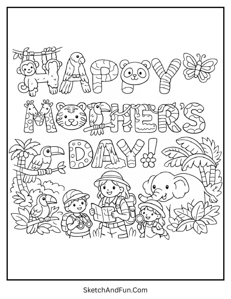 A coloring page of mom exploring jungle with kids and animals, mothers day coloring pages for toddlers