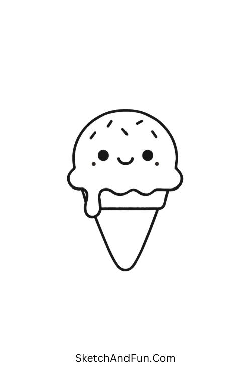 A doodle of a melting ice cream with cute face, kawaii beach doodles