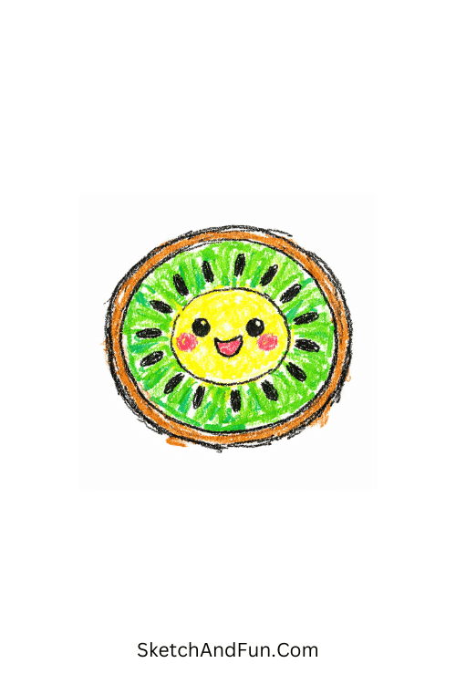 A circular kiwi with a happy face in the center, fruit doodle clipart