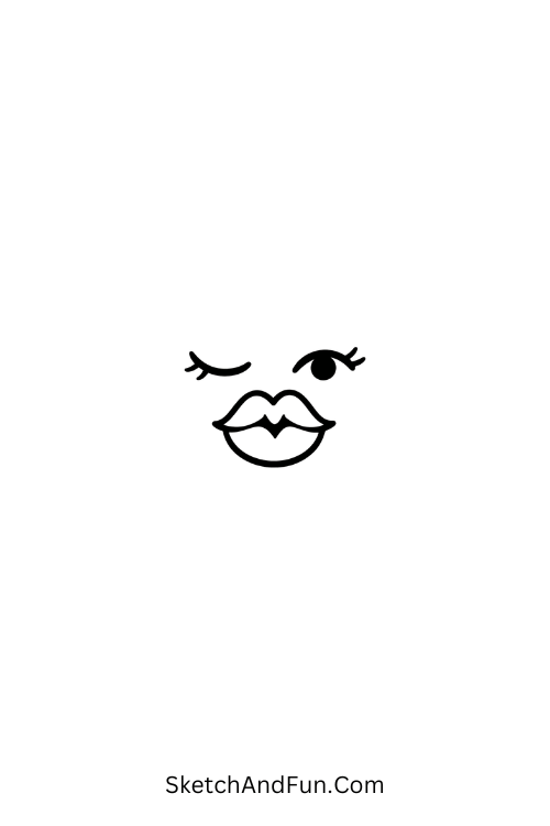 A doodle of a small set of puckered lips with a wink above, coquette themed doodle drawings