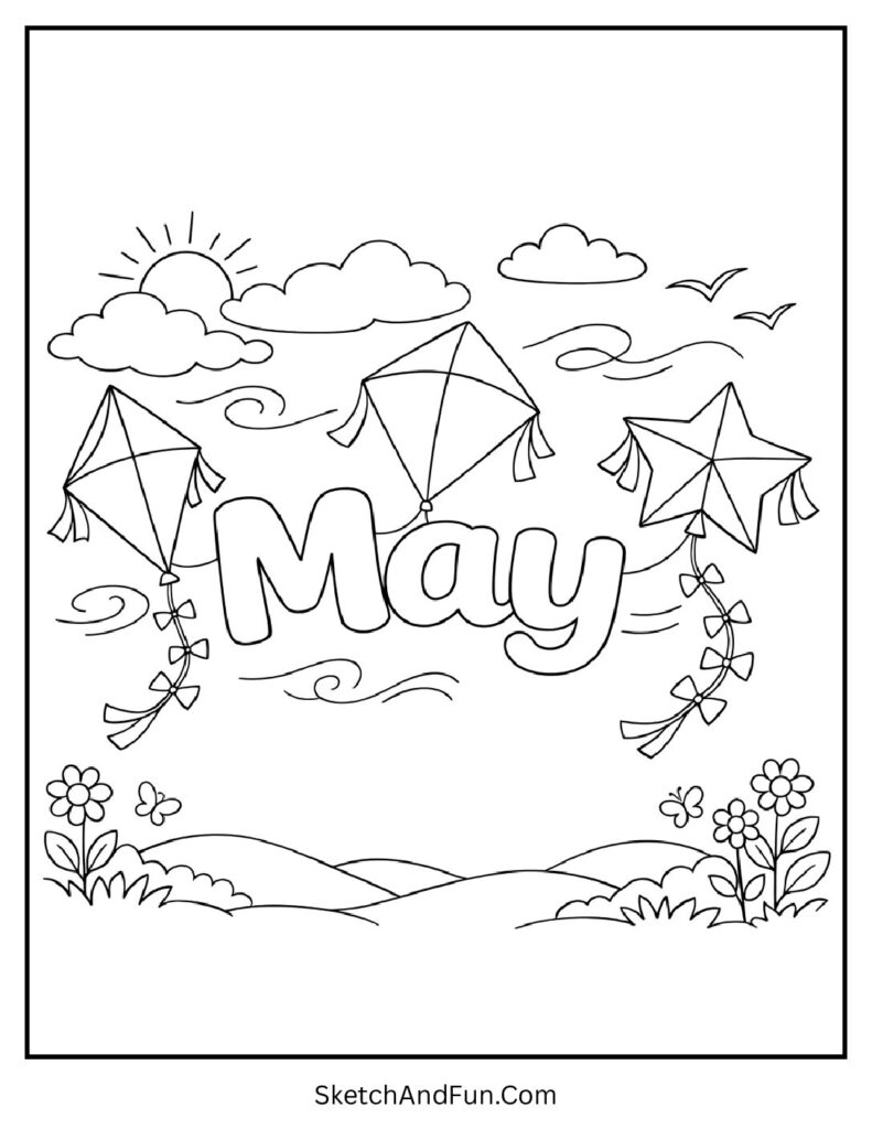 A coloring page of colorful kites with “May” attached, May Day parade coloring pages