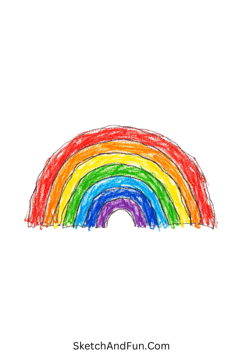 A doodle of a layered rainbow arch with smooth overlapping colors, simple colored pencil art doodles