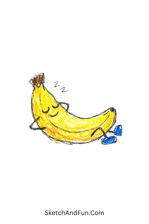 A curved sleepy banana resting calmly, easy fruit doodles
