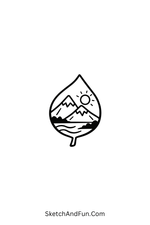 A drawing of a leaf with mountains and sun inside, nature sketch ideas