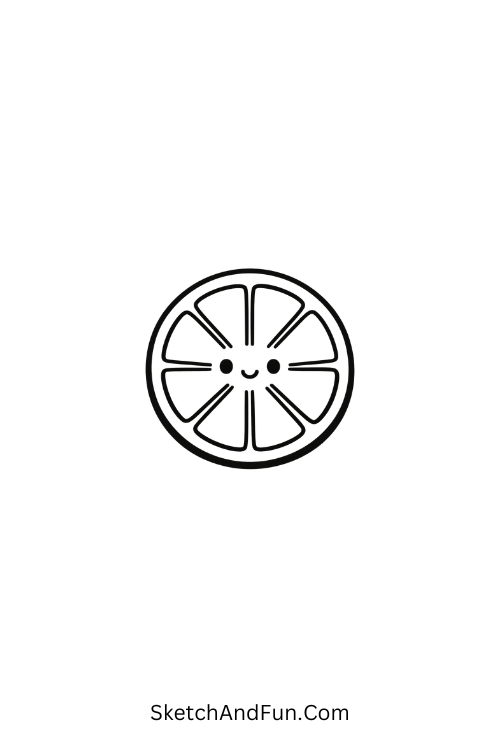 A drawing of a round lemon slice with a tiny face, simple summer drawing ideas
