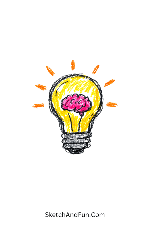 A doodle of a glowing light bulb with a tiny brain inside, STEM doodles ideas