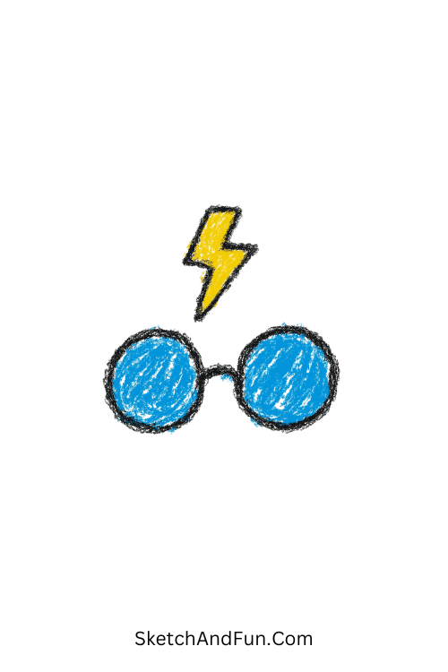 A doodle of round glasses with a tiny lightning bolt above, Harry Potter easy drawings for beginners