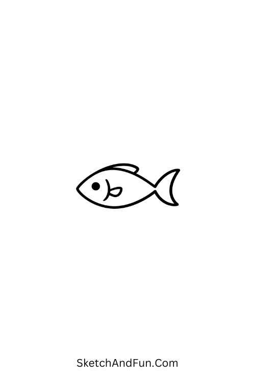 A doodle of a small fish with a curved tail, little cartoon doodles