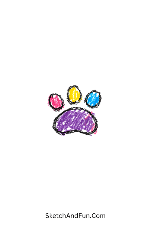 A doodle of a little paw print with three toes and pad, crayon scribble doodle art