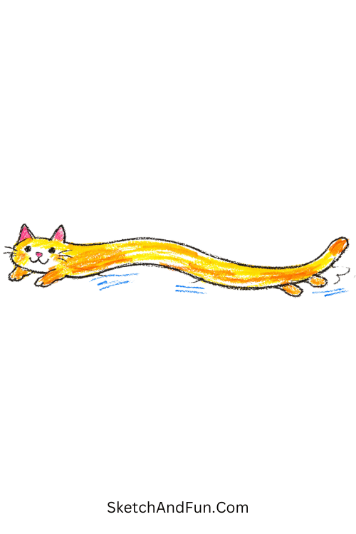 A doodle of a long stretchy cat sliding across the page, silly cat drawings