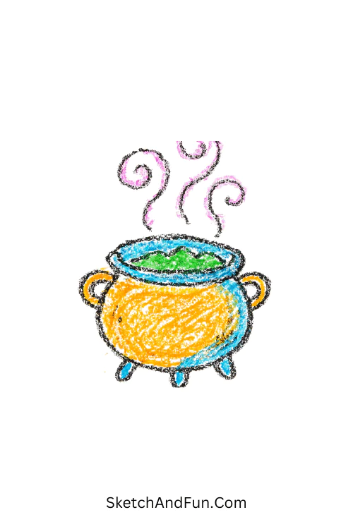A doodle of a cauldron with curly steam above, Harry Potter icon doodles