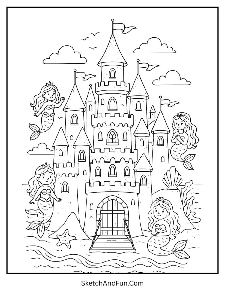 A coloring page of an enchanted sandcastle with flags and tiny sea princesses, beach theme coloring pages educational