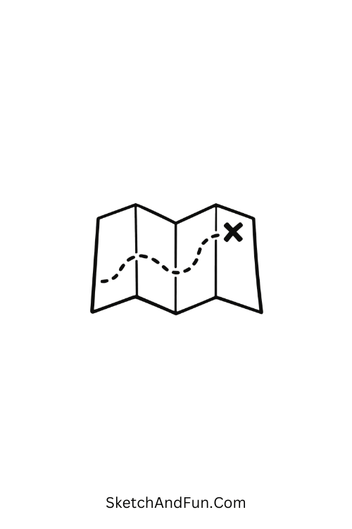 A doodle of a folded map with a marked “X” destination, printable travel doodle sheets