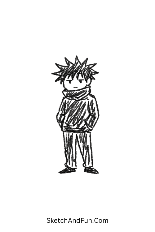 A doodle of Megumi standing relaxed with hands in pockets, anime doodle art jujutsu kaisen