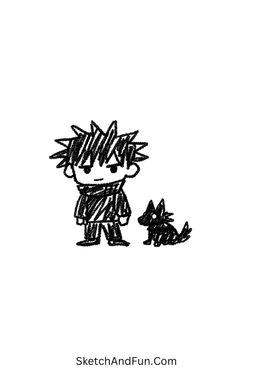 A doodle of Megumi standing with a tiny shadow dog, jjk doodle aesthetic designs