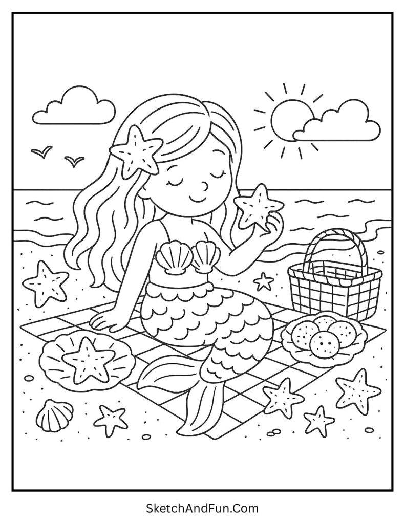 A coloring page of a mermaid having a picnic with seashell plates and starfish cookies, beach coloring pages with sea creatures