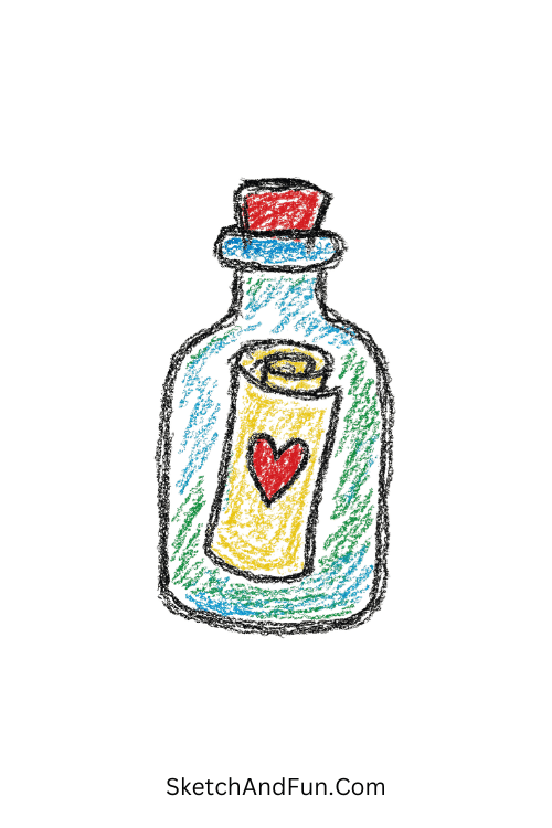 A doodle of a message bottle with heart paper, notebook doodles pinterest