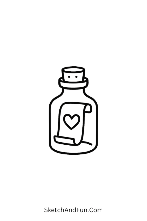 A doodle of a message bottle with heart note, beach doodle art