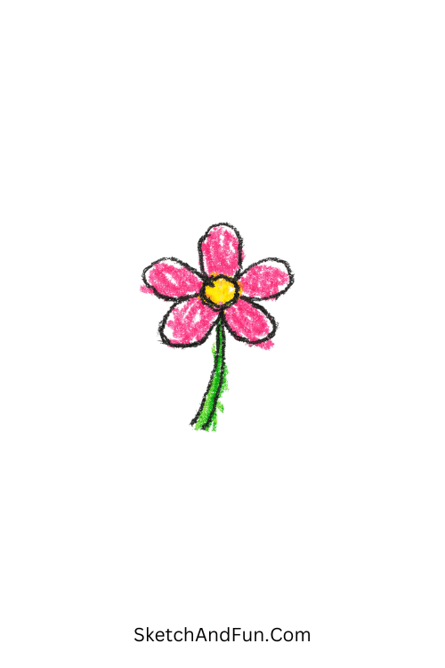A doodle of a tiny flower with five petals and stem, kids doodle crayon style