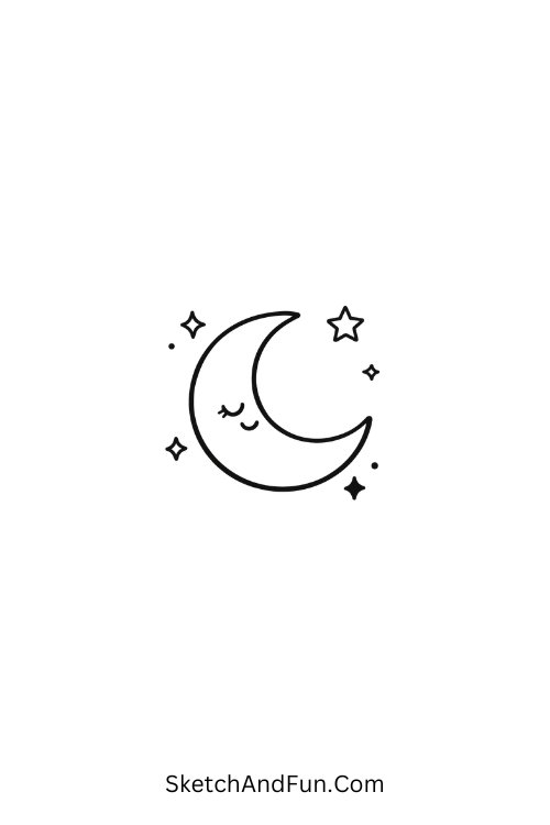 A doodle of a crescent moon with tiny stars around it, little doodles to draw