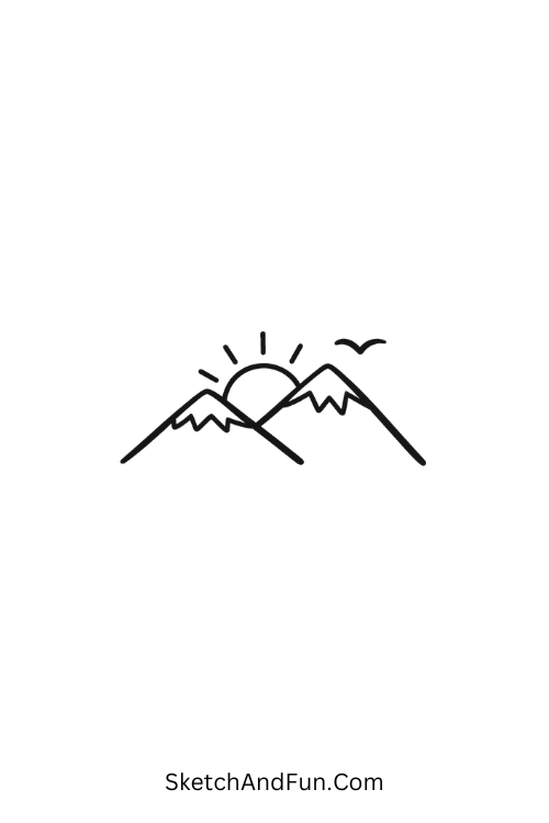 A doodle of two mountain peaks with a sun and bird, simple pen doodles step by step
