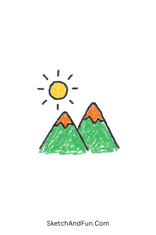 A doodle of small mountains with sun above, notebook doodle art