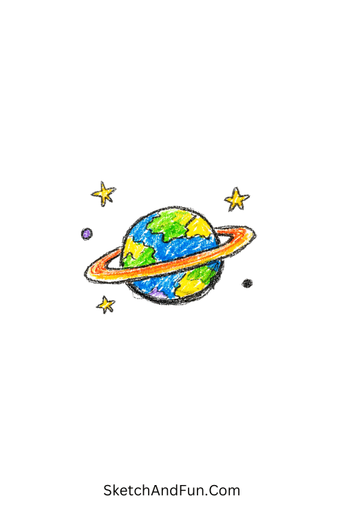 A doodle of a tiny planet with a single ring floating, crayon doodle drawings for kids