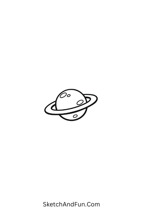 A doodle of a small planet with a single ring, little doodle characters