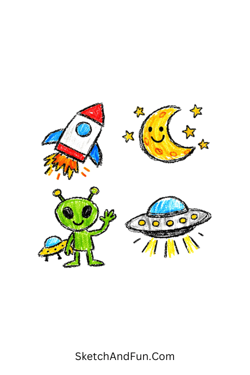 A doodle of a tiny sun with orbiting planets around it, science doodles classroom