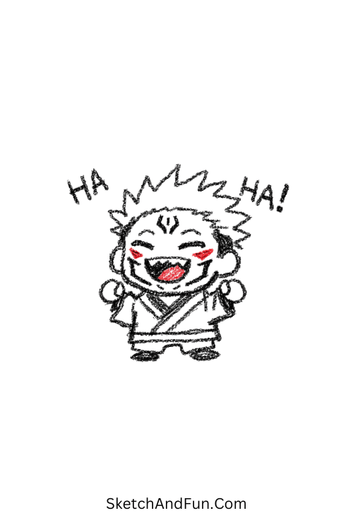 A doodle of tiny Sukuna laughing with facial markings, jujutsu kaisen drawings step by step