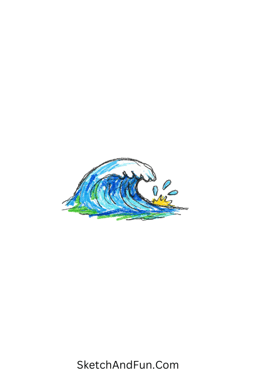 A doodle of a rolling wave with a tiny splash, crayon doodle characters