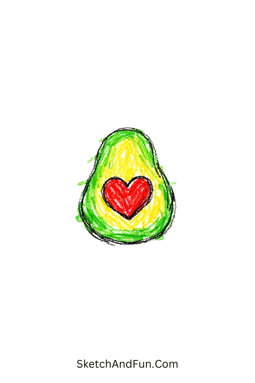 An avocado with a heart-shaped seed inside, fruit sketch doodles