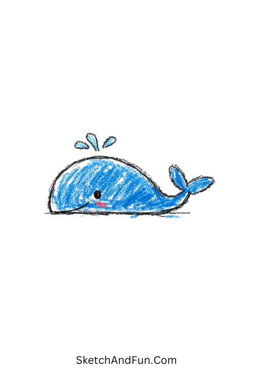 A small curved whale with a tiny splash, blue doodle sketches